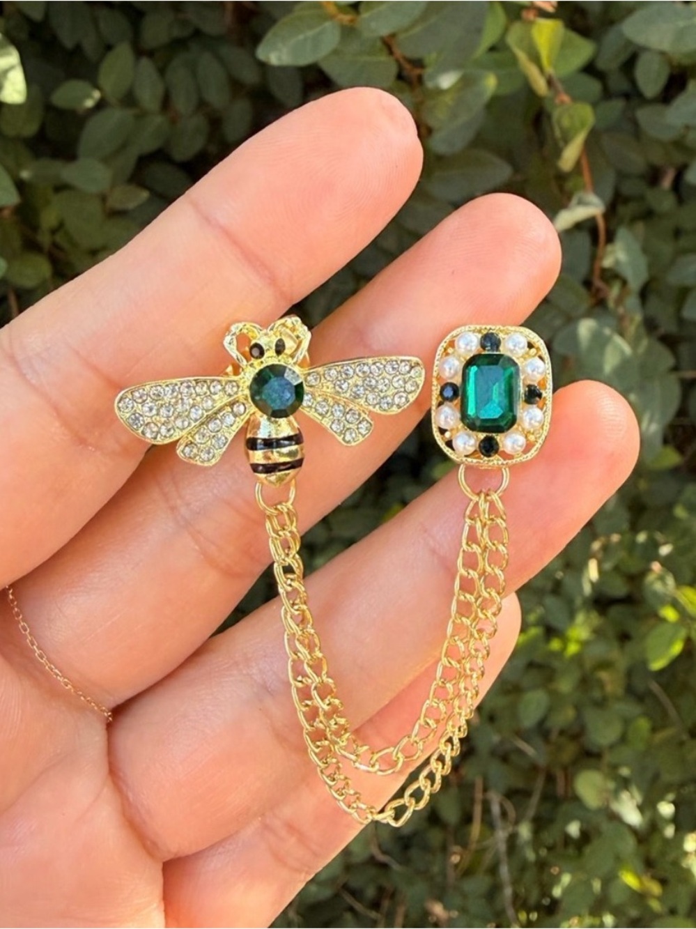 Gold and Green Bee Chain Brooch